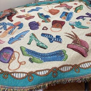 Woven Tapestry Decorative Vintage Shoes, Purses Hats Patterned Throw Blanket